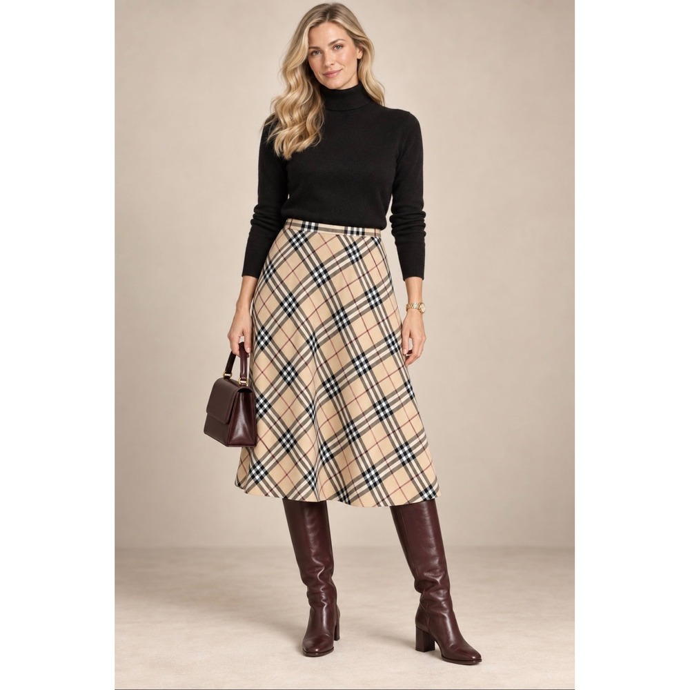 Burberry London Nova Check 100% Wool A-Line Midi Skirt Italy US 8 UK 10